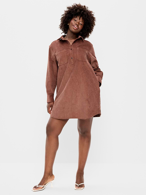 Long-Sleeve Button-Down Mini Shirt Dress