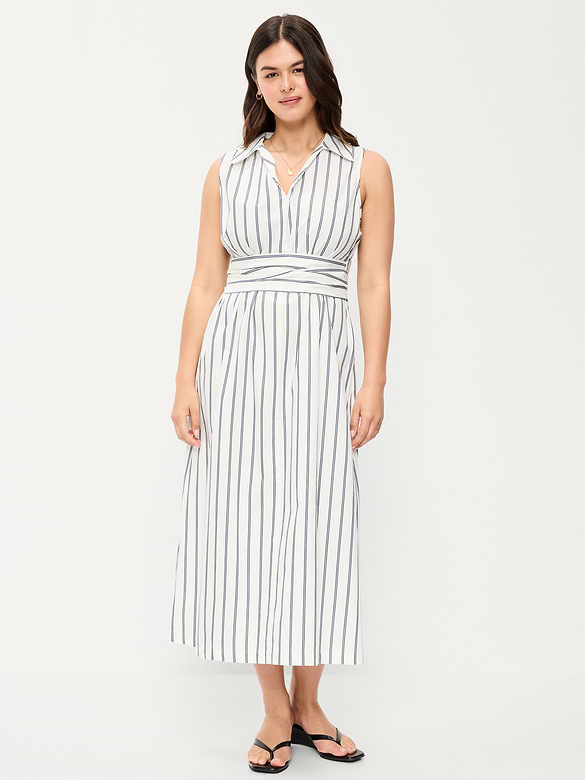 Sleeveless Wrap-Waist Midi Shirt Dress