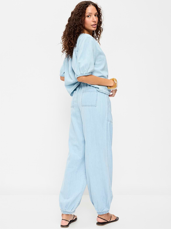Mid-Rise Pull-On Utility Harem Denim Pants