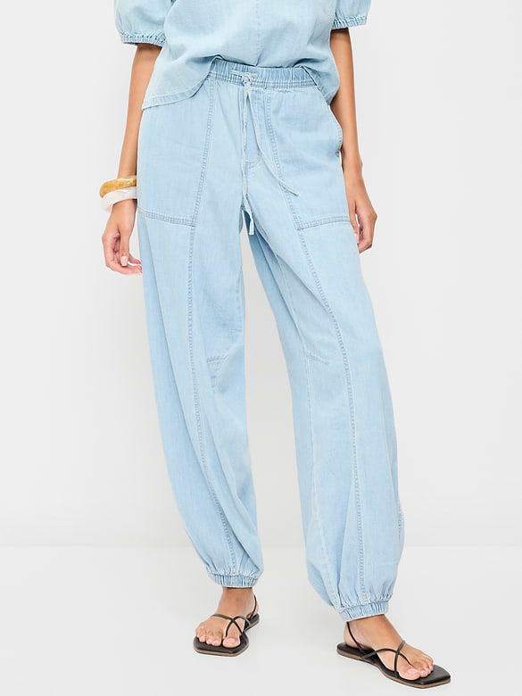Mid-Rise Pull-On Utility Harem Denim Pants
