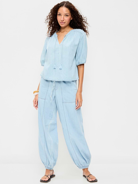 Mid-Rise Pull-On Utility Harem Denim Pants
