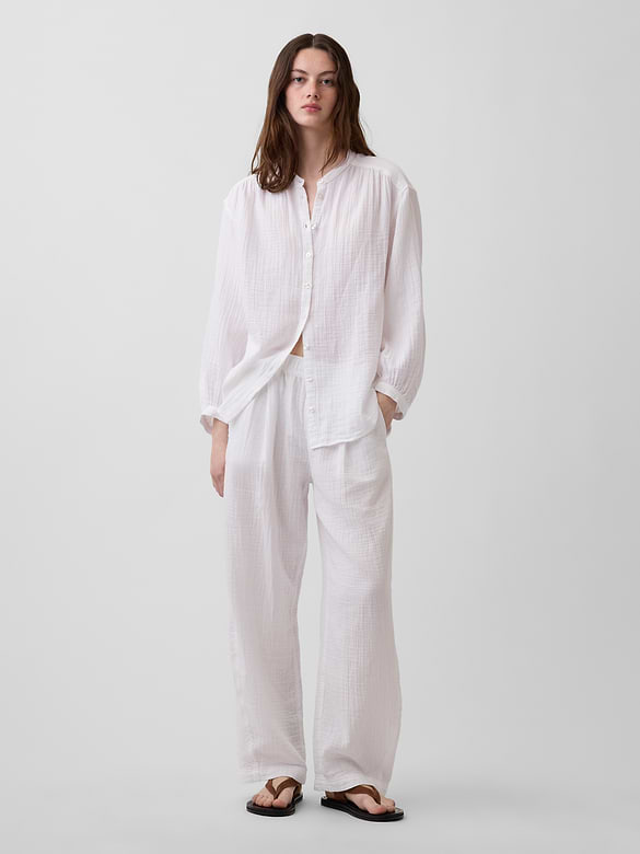 Cotton Gauze Oversized Collarless Shirt