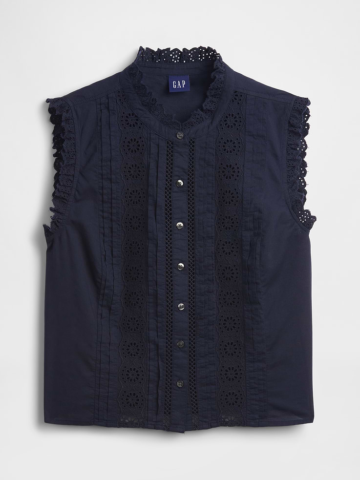 Image number 5 showing, Lace-Trim Pintuck Button-Front Top