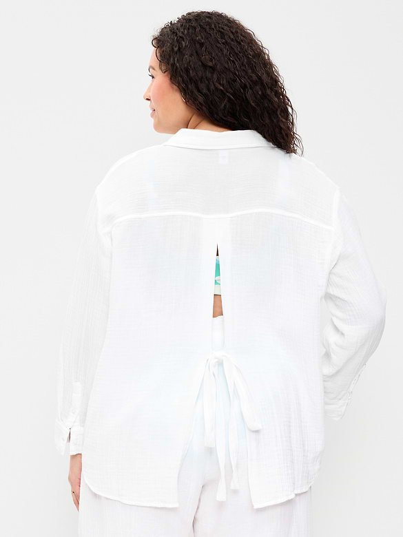 Open-Back Crinkle Gauze Button-Down Shirt