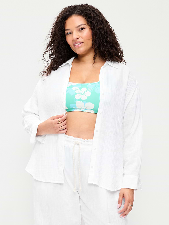 Open-Back Crinkle Gauze Button-Down Shirt