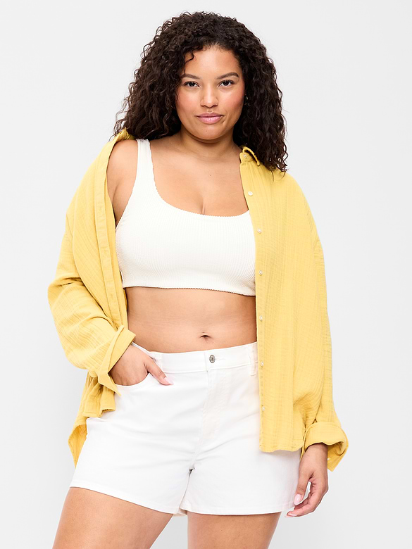 Open-Back Crinkle Gauze Button-Down Shirt
