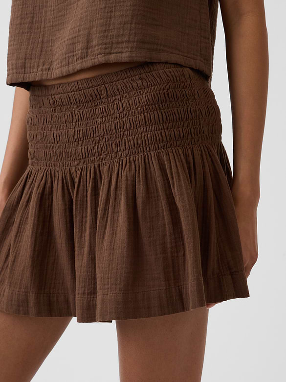 Cotton Gauze Smocked-Waist Mini Skort