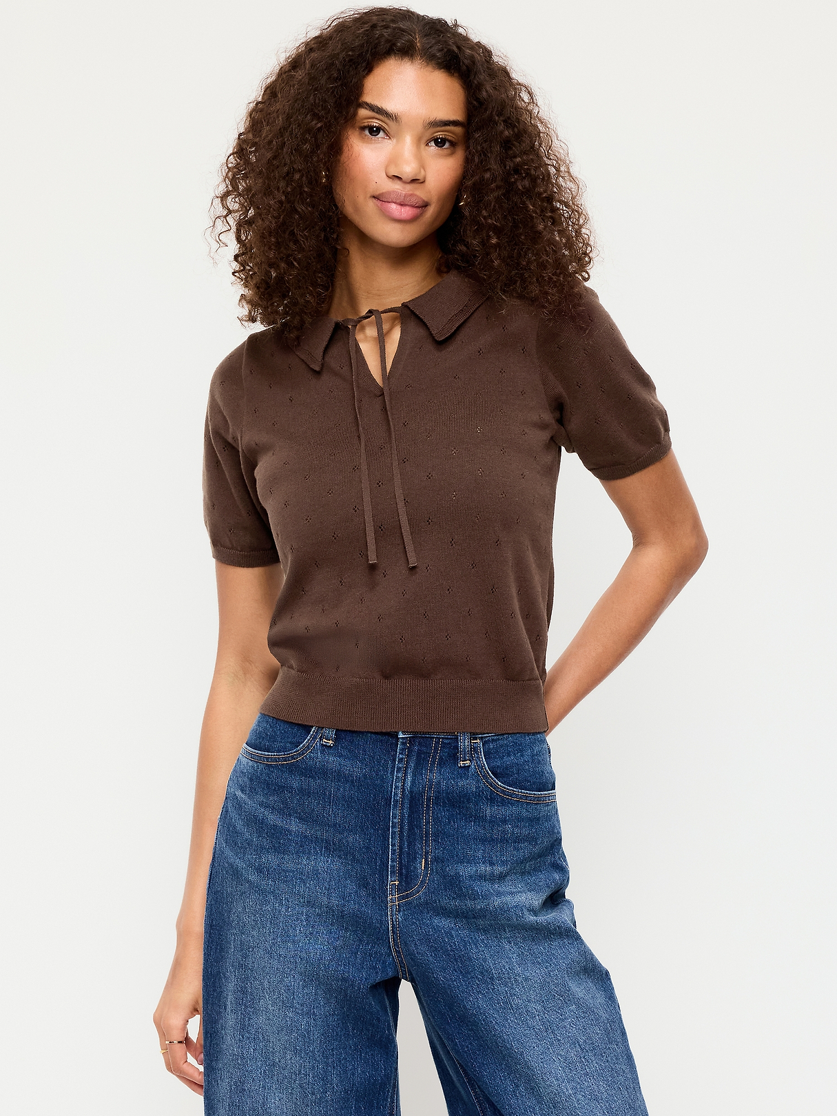 Tie-Front Seaside Cotton Pointelle Cropped Polo | Old Navy