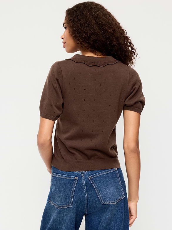 Tie-Front Seaside Cotton Pointelle Cropped Polo