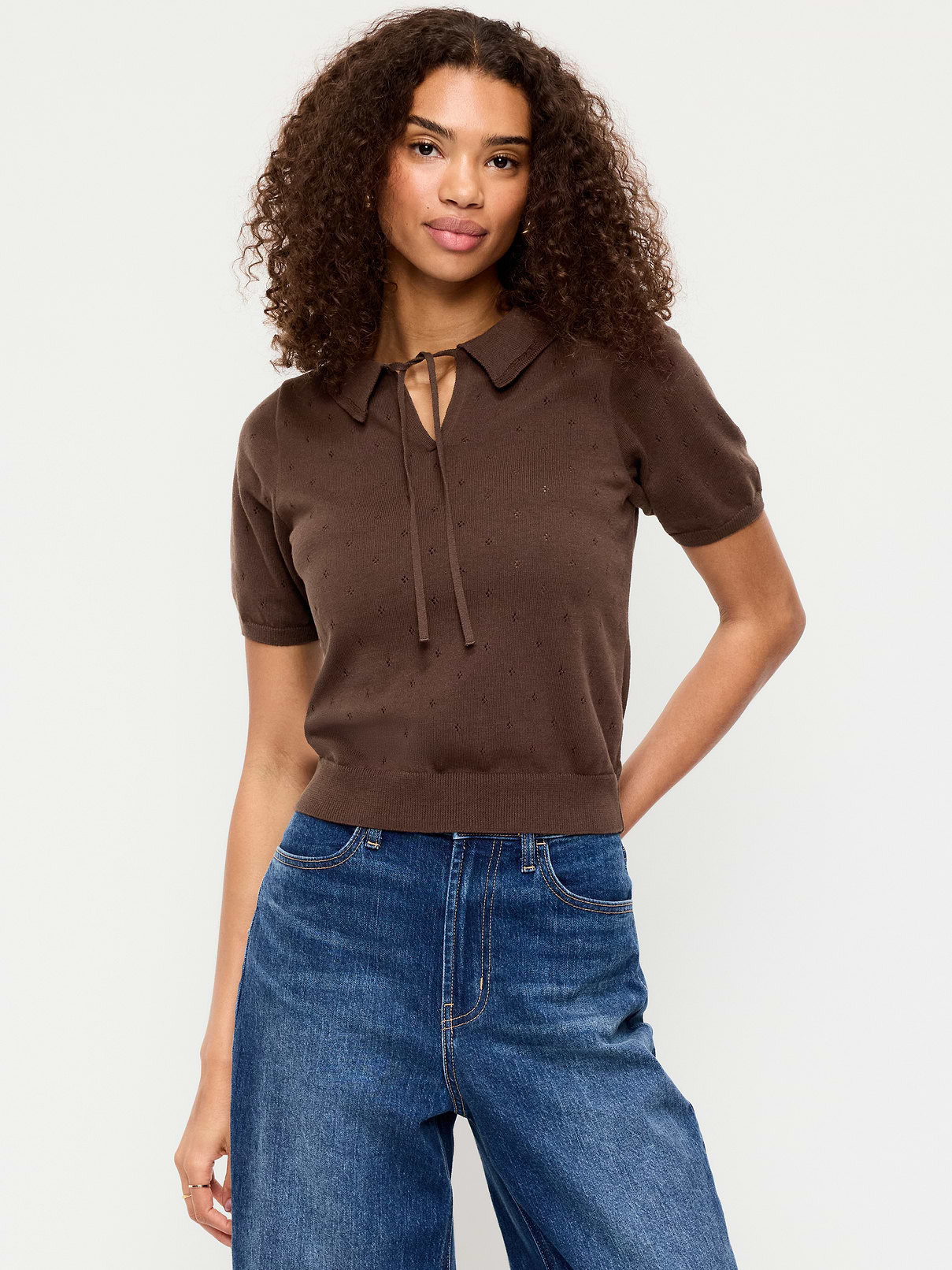 Tie-Front Seaside Cotton Pointelle Cropped Polo | Old Navy