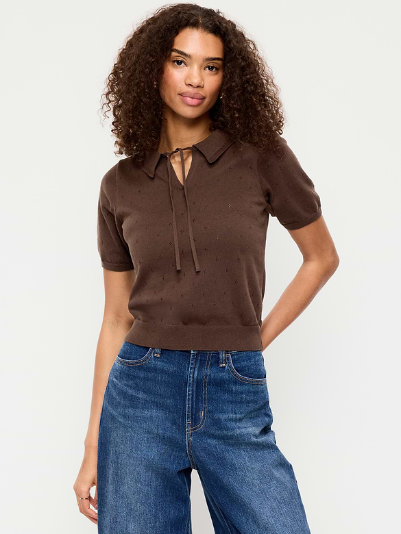 Tie-Front Seaside Cotton Pointelle Cropped Polo