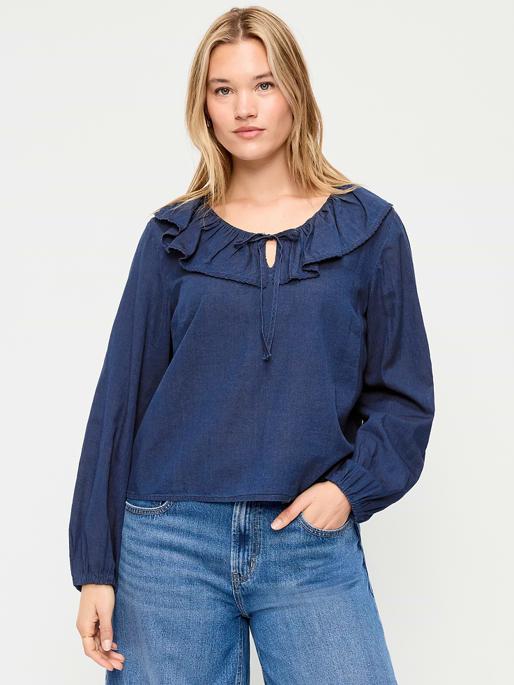 Image number 5 showing, Long-Sleeve Ruffle Tie-Neck Top