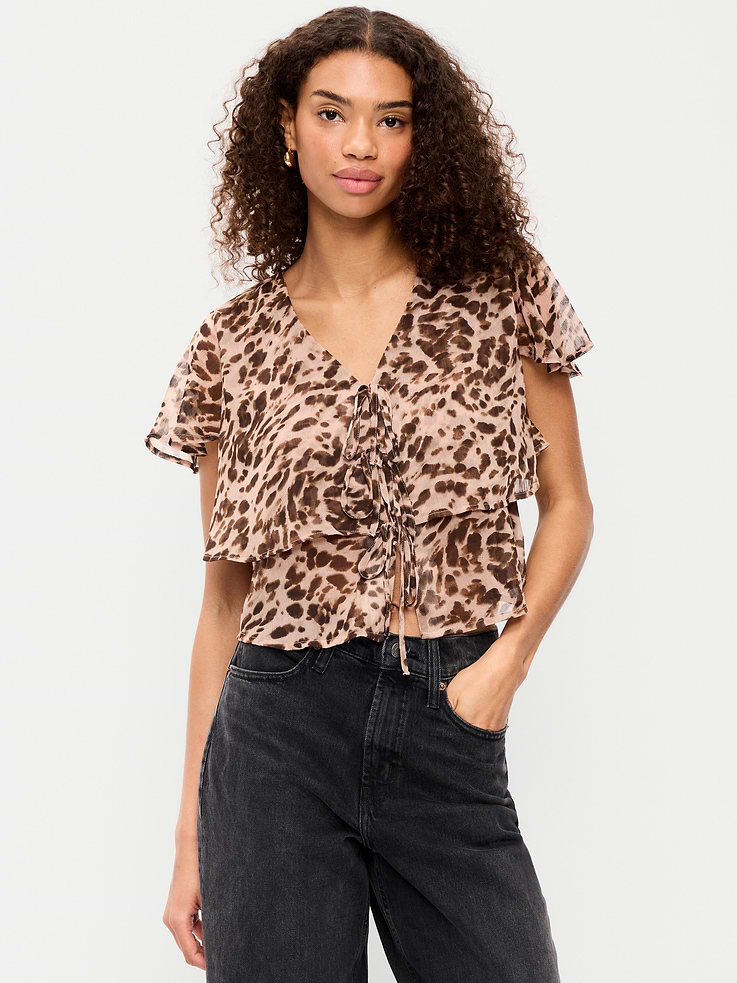 Image number 1 showing, Tiered Ruffle Tie-Front Top