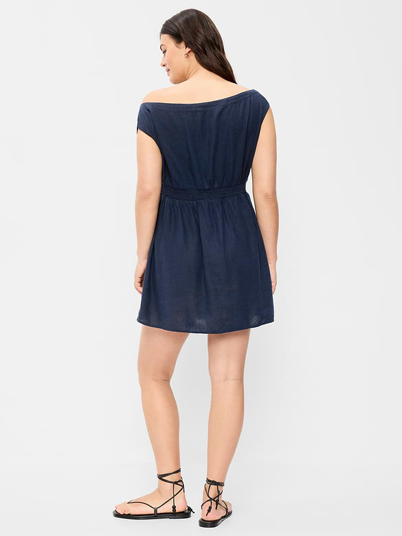 Asymmetrical Shoulder Linen-Blend Mini Dress