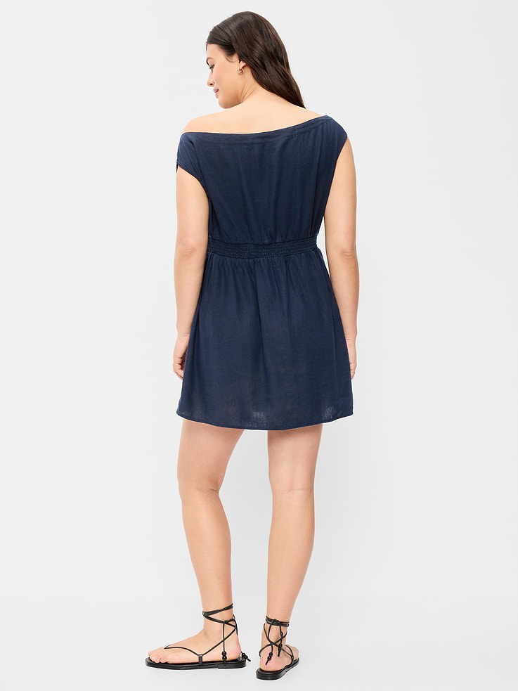 Image number 7 showing, Asymmetrical Shoulder Linen-Blend Mini Dress