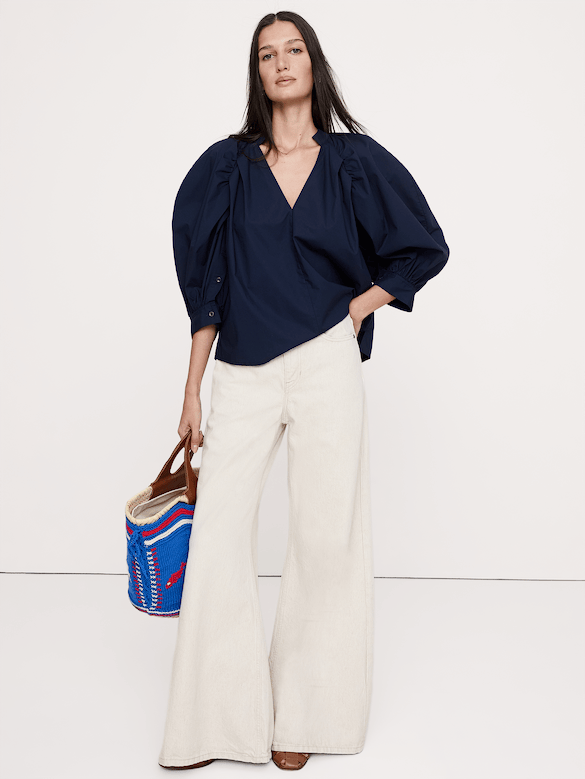 Cotton Poplin Split-Neck Top