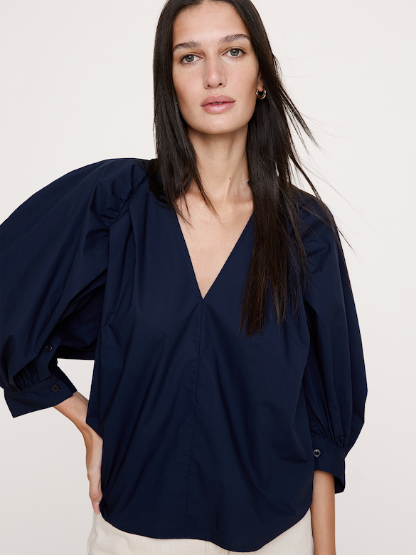 Cotton Poplin Split-Neck Top