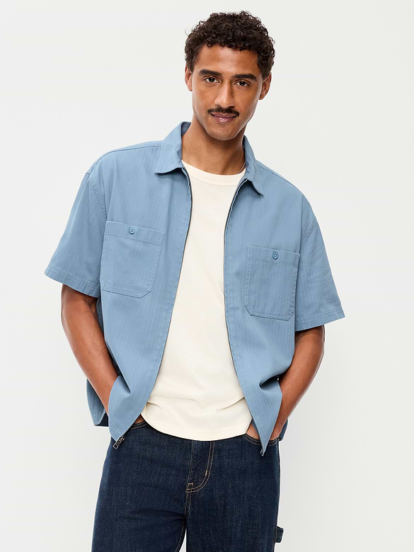 Loose Full-Zip Herringbone Workwear Shirt