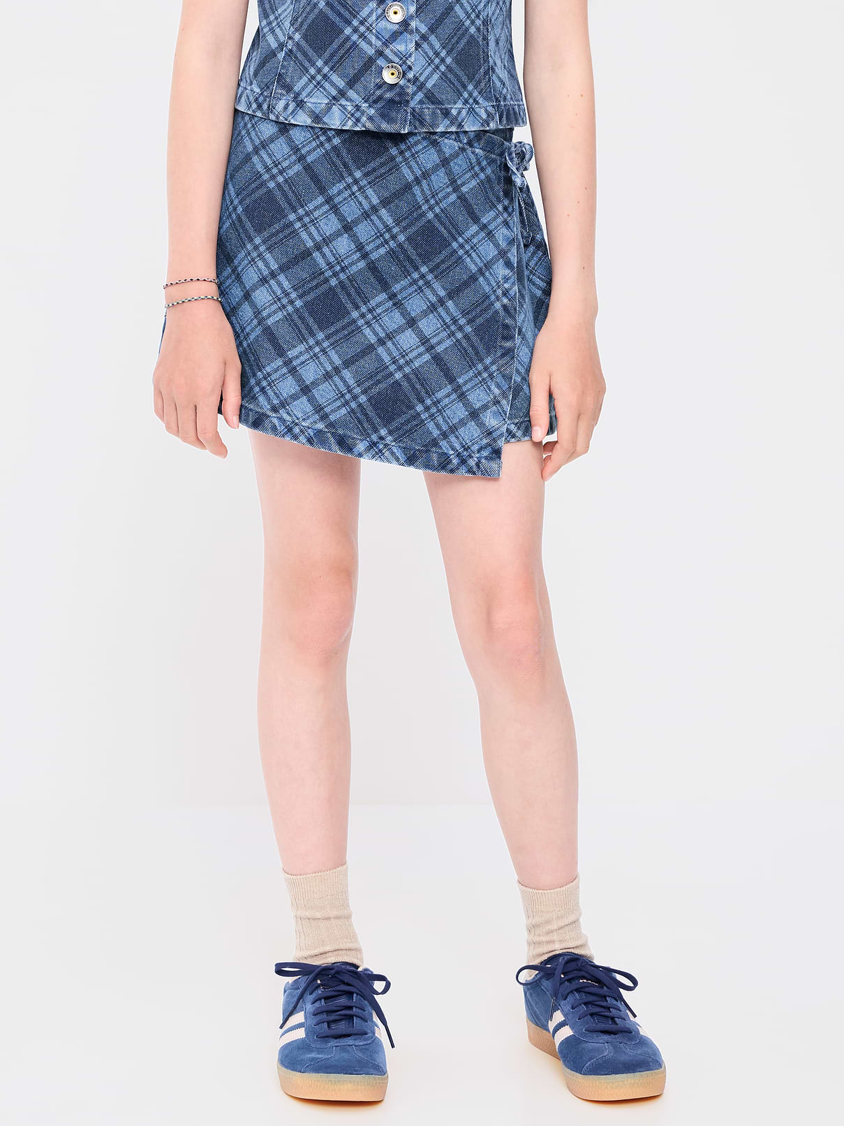 Image number 1 showing, Wrap-Front Plaid Denim Skort for Girls