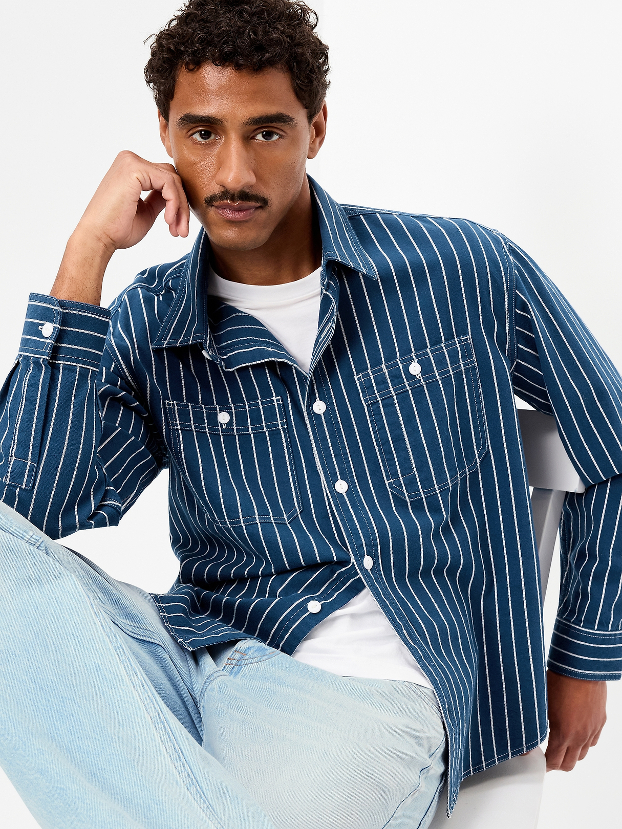 ★本日限りお値引き　thetoe Rhine Stripe Shirt navy Loose Fit Striped Workwear Shirt | Old Navy