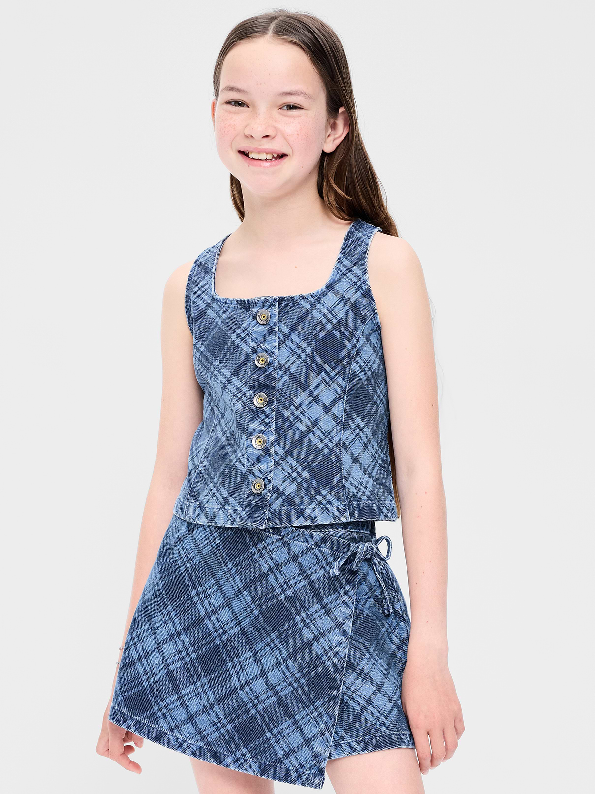 Image number 1 showing, Button-Front Plaid Denim Tank Top for Girls