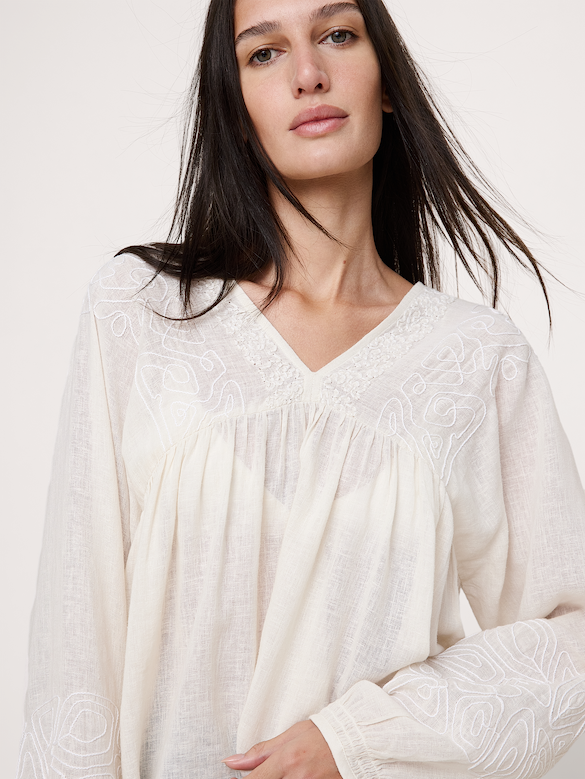 Embroidered Linen-Cotton Top
