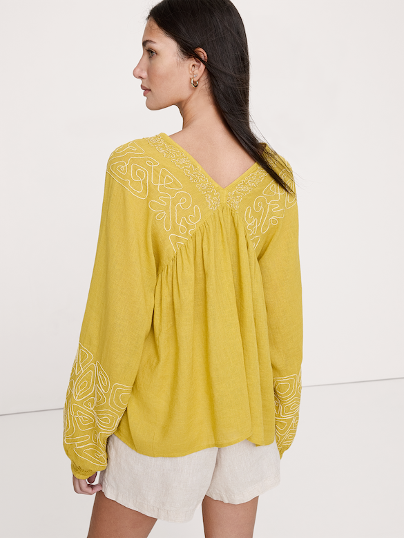 Embroidered Linen-Cotton Top