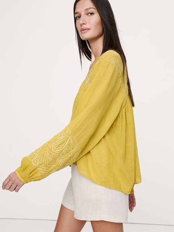 Embroidered Linen-Cotton Top
