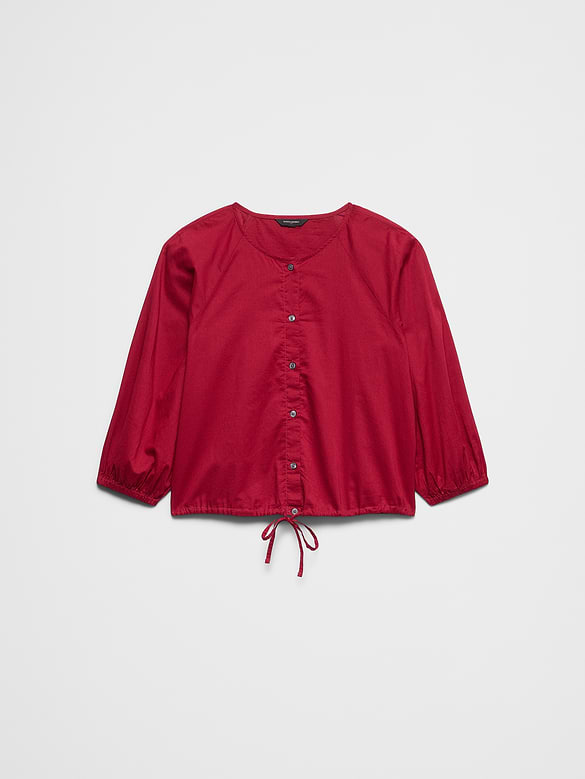 Voile Blouson-Sleeve Drawstring-Hem Top