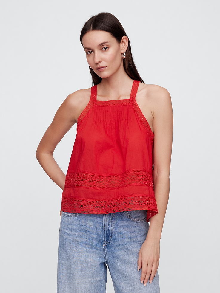 Image number 1 showing, Relaxed Lace-Trim High-Neck Top