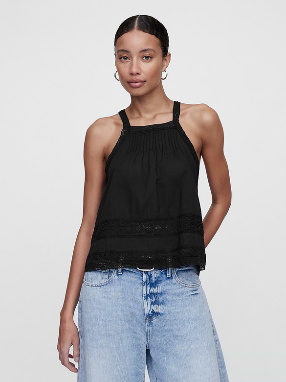 Relaxed Lace-Trim High-Neck Top