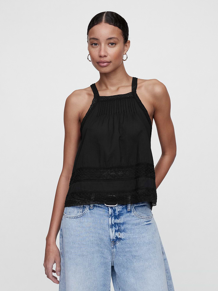 Image number 1 showing, Relaxed Lace-Trim High-Neck Top