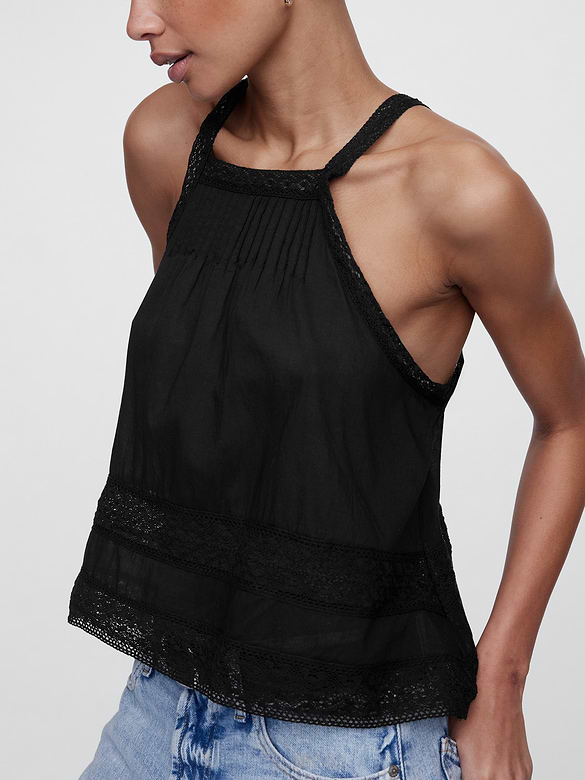 Relaxed Lace-Trim High-Neck Top