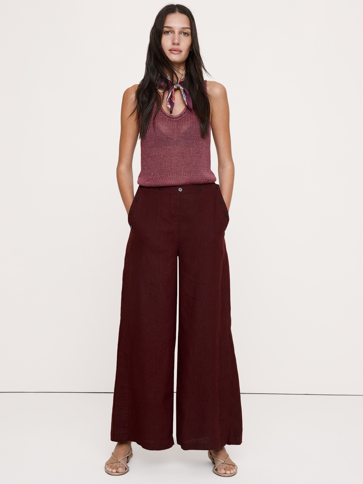 L'image numéro 1 présente Pantalon de marin à taille extensible jambe large et taille haute en lin