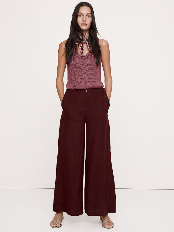 High-Rise Wide-Leg Linen Pull-On Sailor Pant