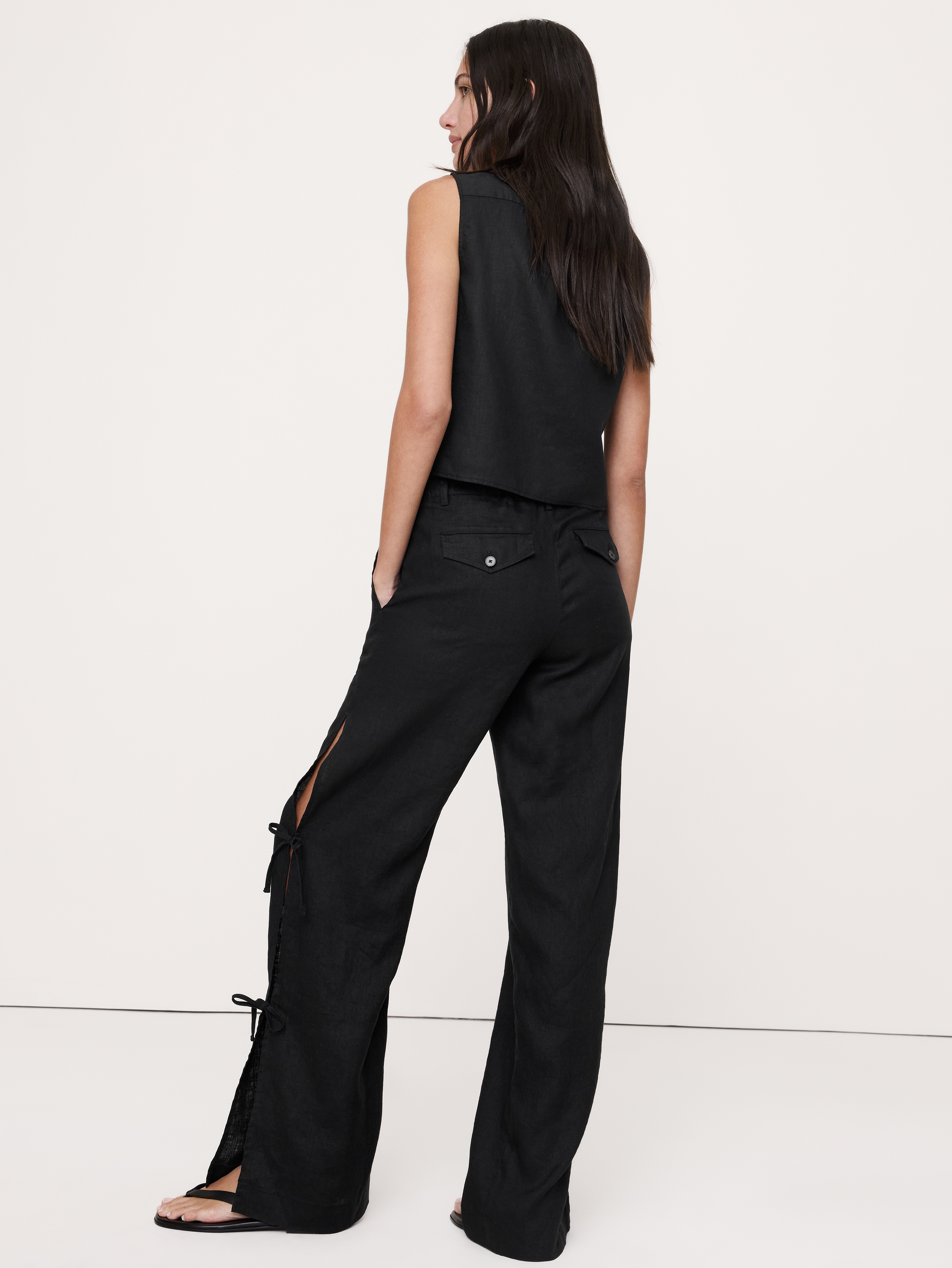 L'image numéro 3 présente Pantalon jambe large de tous les jours en lin à nouer sur le côté