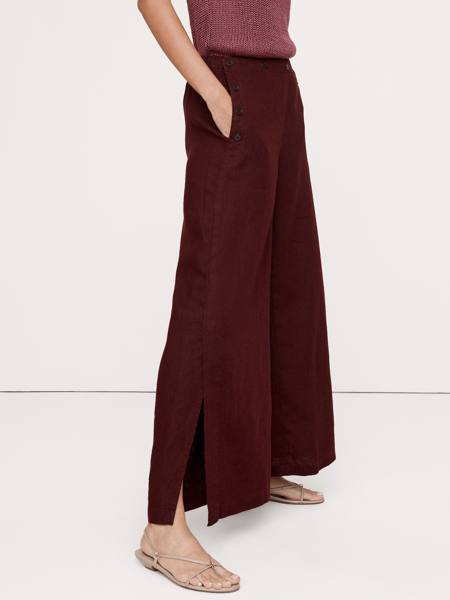 L'image numéro 7 présente Pantalon de marin à taille extensible jambe large et taille haute en lin