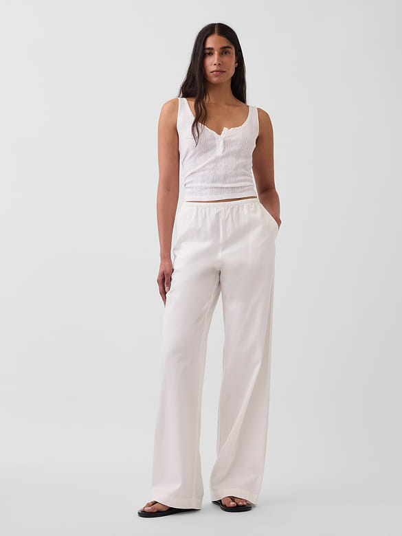 Mid Rise Poplin Relaxed Easy Wide-Leg Pants