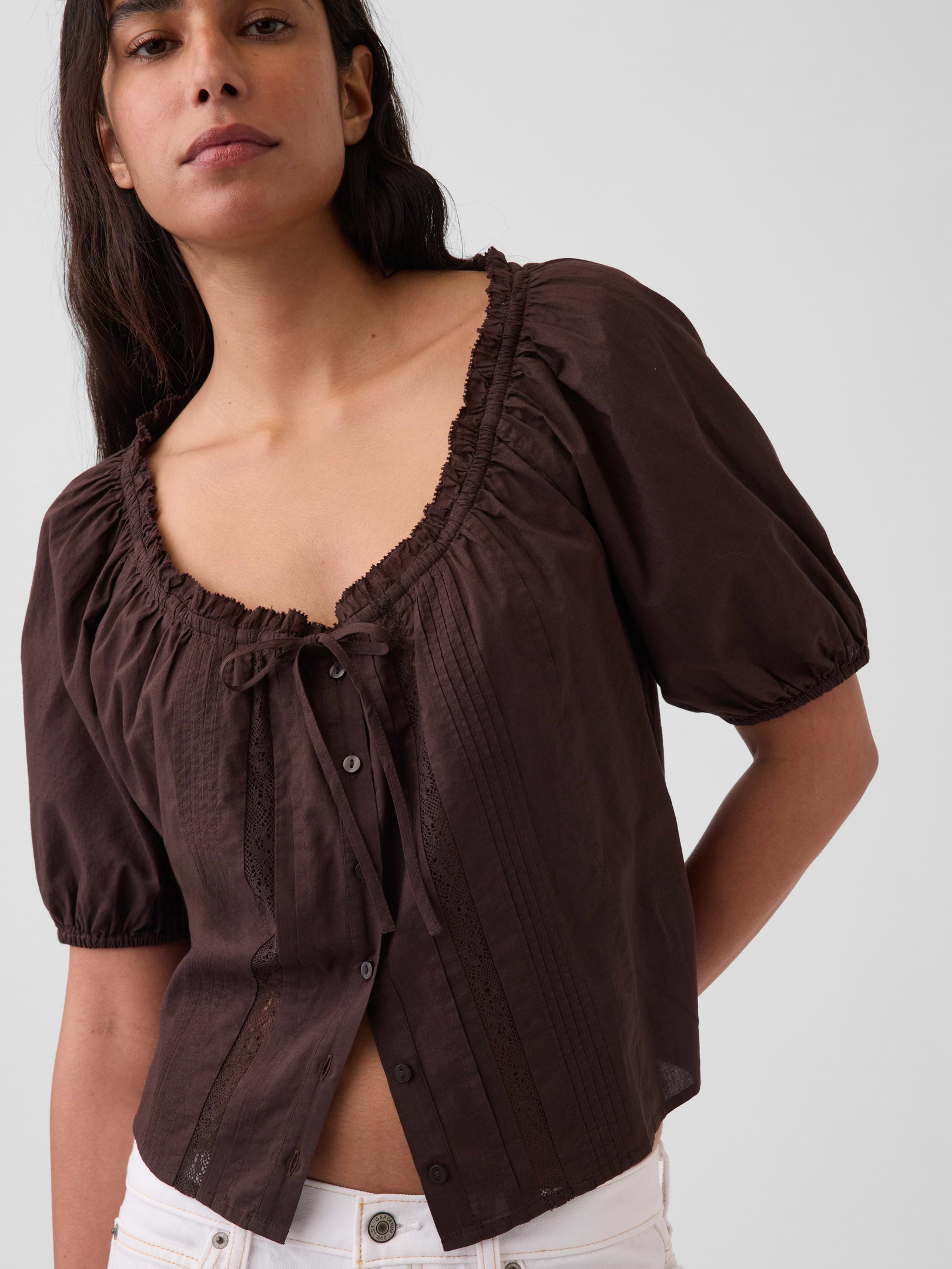 CLANE PINTUCK CROPPED BLOUSE サイズ1 Elbow-Sleeve Crop Pintuck Top | Gap