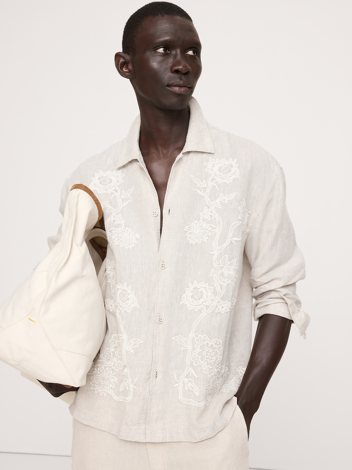 Relaxed-Fit Embroidered Linen Long-Sleeve Resort Shirt | Banana