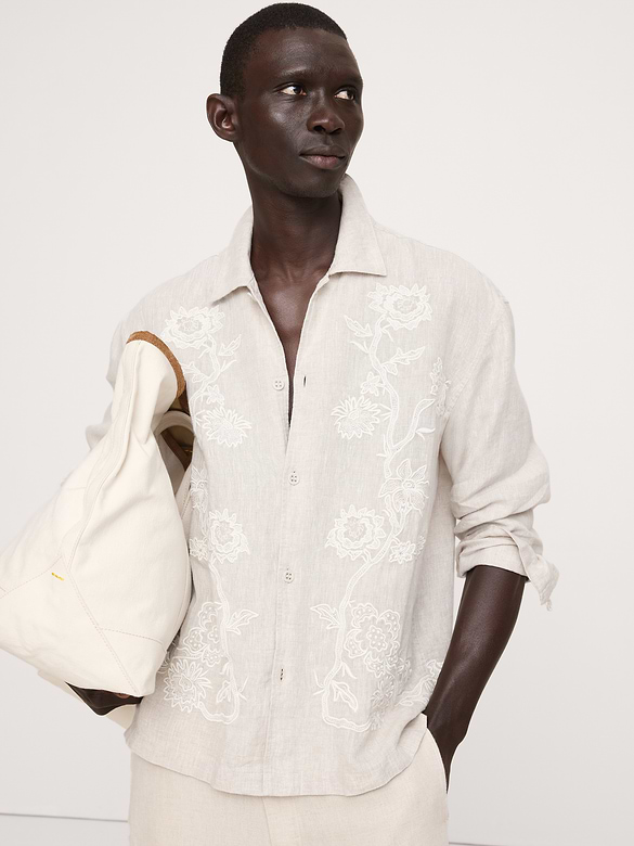 Relaxed-Fit Embroidered Linen Long-Sleeve Resort Shirt