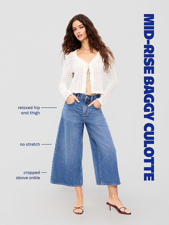 Mid-Rise Baggy Wide-Leg Culotte Jeans