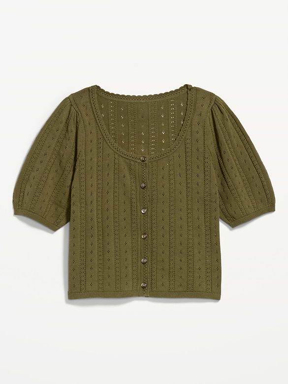Seaside Cotton Short-Sleeve Button-Down Sweater