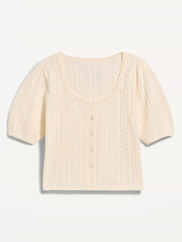 Seaside Cotton Short-Sleeve Button-Down Sweater