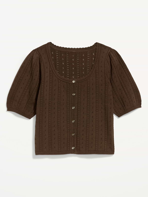 Seaside Cotton Short-Sleeve Button-Down Sweater