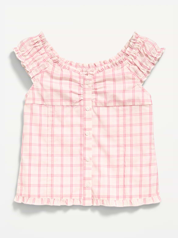Short-Sleeve Sweetheart-Neck Button-Front Top for Girls
