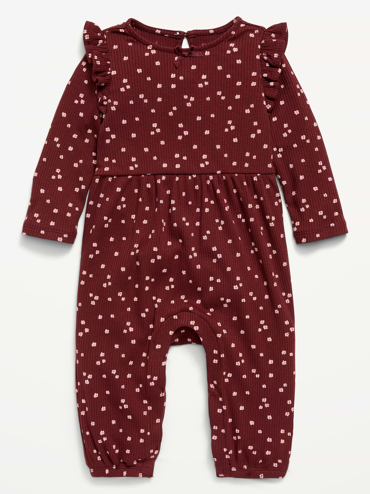 Image number 1 showing, Printed Long-Sleeve Ribbed Ruffle-Trim Jumpsuit for Baby