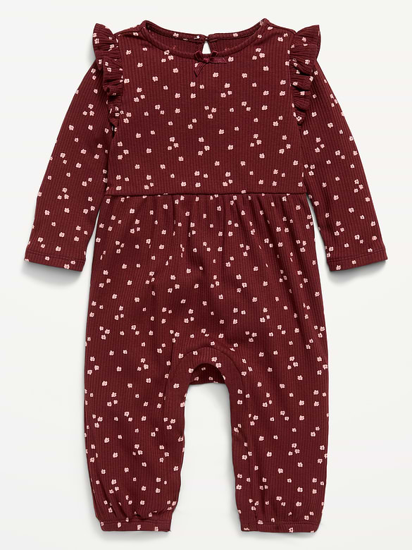 Printed Long-Sleeve Ribbed Ruffle-Trim Jumpsuit for Baby