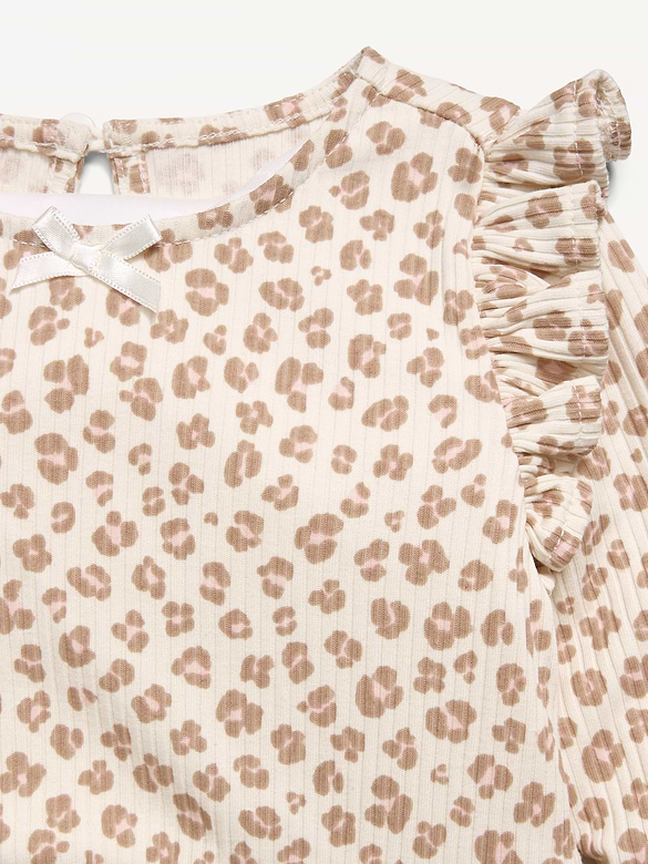 Printed Long-Sleeve Ribbed Ruffle-Trim Jumpsuit for Baby