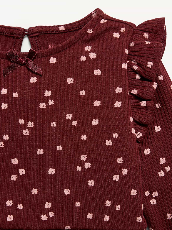 Printed Long-Sleeve Ribbed Ruffle-Trim Jumpsuit for Baby